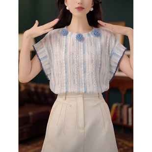 甜美时尚 港风复古短袖 新款 衬衫 减龄设计感花朵蓝色上衣 女2025夏季