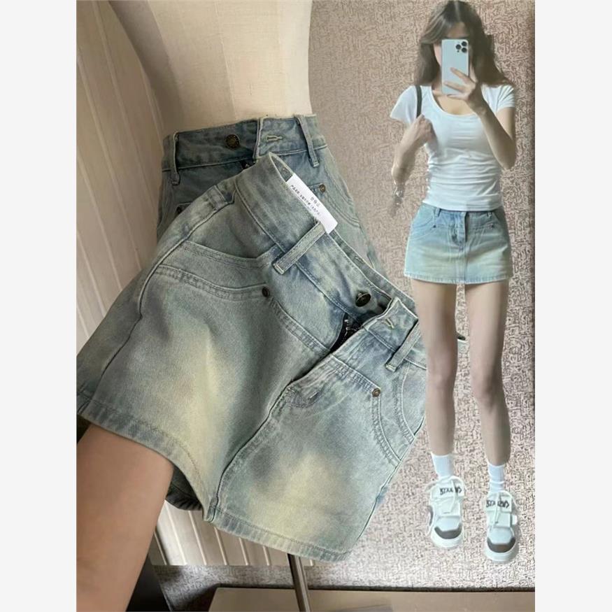 梨形身材牛仔短裙女夏大码胖mm高腰弹力遮肚子显瘦a字半身裙裤裙