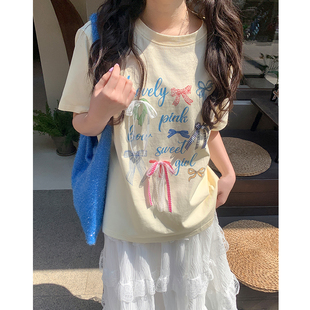 宽松上衣 忠犬小八梨形自制法式 蝴蝶结圆领短袖 T恤女2025夏季 新款