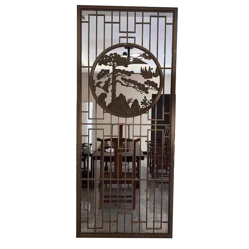 热销客厅入户金属镂空花格双面浮雕玄关隔断不锈钢中式迎客松屏风