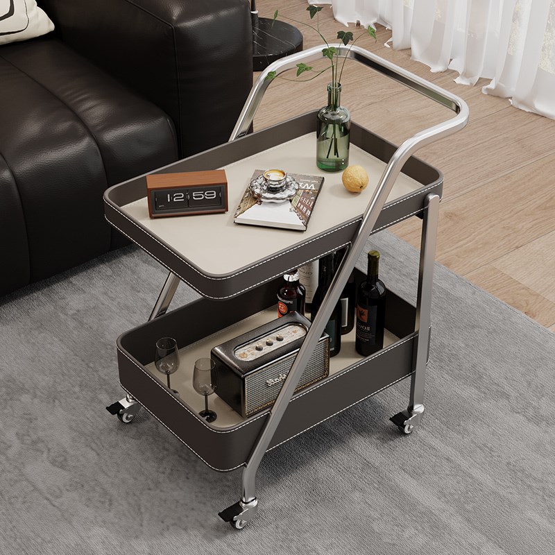 热销家用马鞍皮小推车沙发边零食置物车带轮可移动小茶几卧室床头
