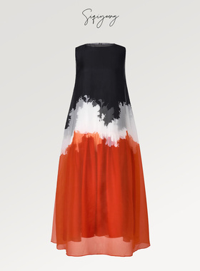 SIQIYOUNG Sunset-鸡尾酒真丝连衣裙 100%桑蚕丝水墨晕染大摆长裙