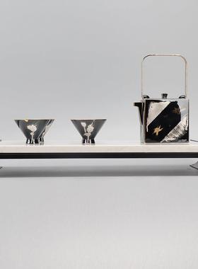 新中式茶具套装金属托盘刷银陶瓷茶壶摆件样板房书房茶室桌面饰品