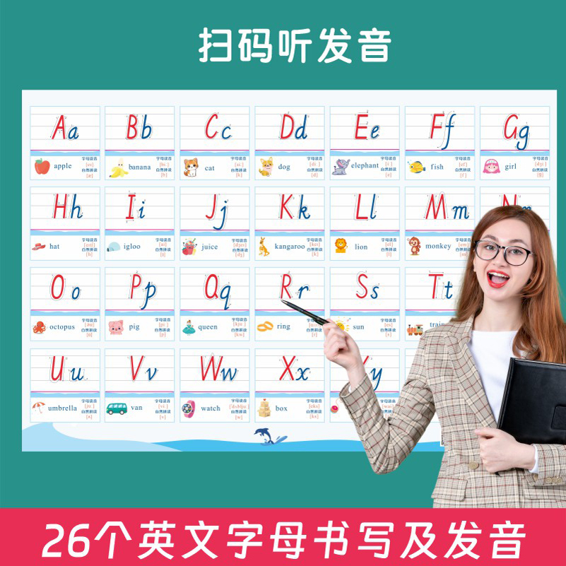 小学英语26个英文字母挂图自然拼读发音手写墙贴书写对照表