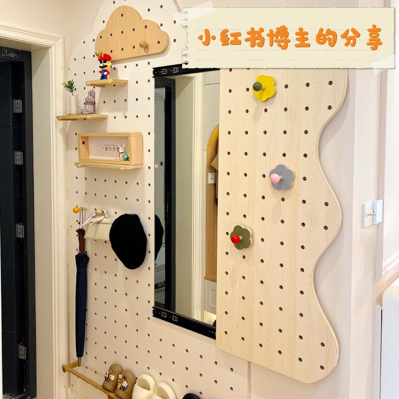 木目wod镜洞洞板i入户玄关带F78J5J57子一体家o用全身穿衣镜收纳