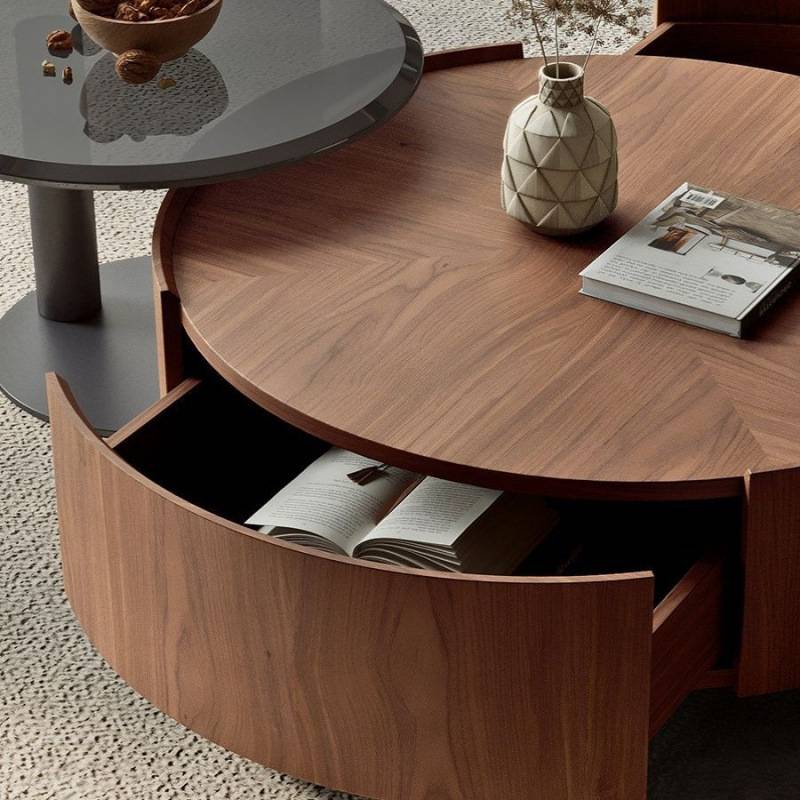 胡桃木圆形茶几实木极简现代中古风简约客厅家用小户型