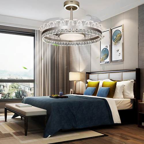 新款餐厅隐形风扇吊灯三色变光智能语音全铜变频静音电机水晶造型