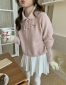 系带蝴蝶结翻领毛衣刺绣针织衫 甜甜专享 韩系甜美polo毛衣