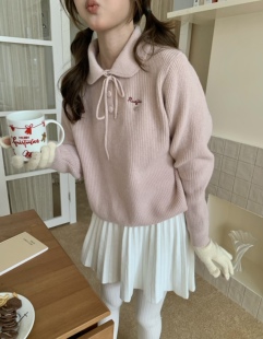 系带蝴蝶结翻领毛衣刺绣针织衫 韩系甜美polo毛衣 甜甜专享