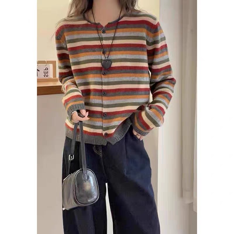 【鱼姐五周年庆】【七彩条纹开衫】法式复古条纹长袖针织开衫,女装/女士精品,旗袍,淘宝优惠券,粉丝福利购,淘宝优惠卷