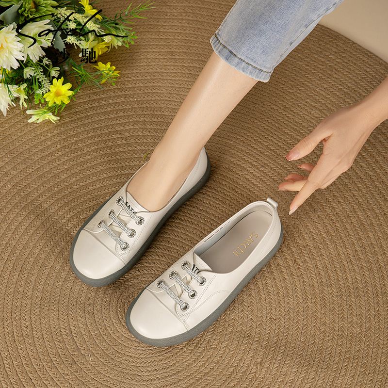 沙驰女鞋舒适软底免系带休闲鞋乐福鞋女春夏季新款真皮小白鞋