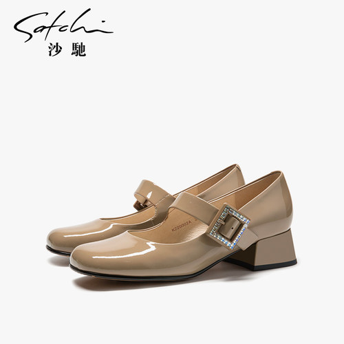 沙驰女鞋通勤纯色真皮粗跟单鞋