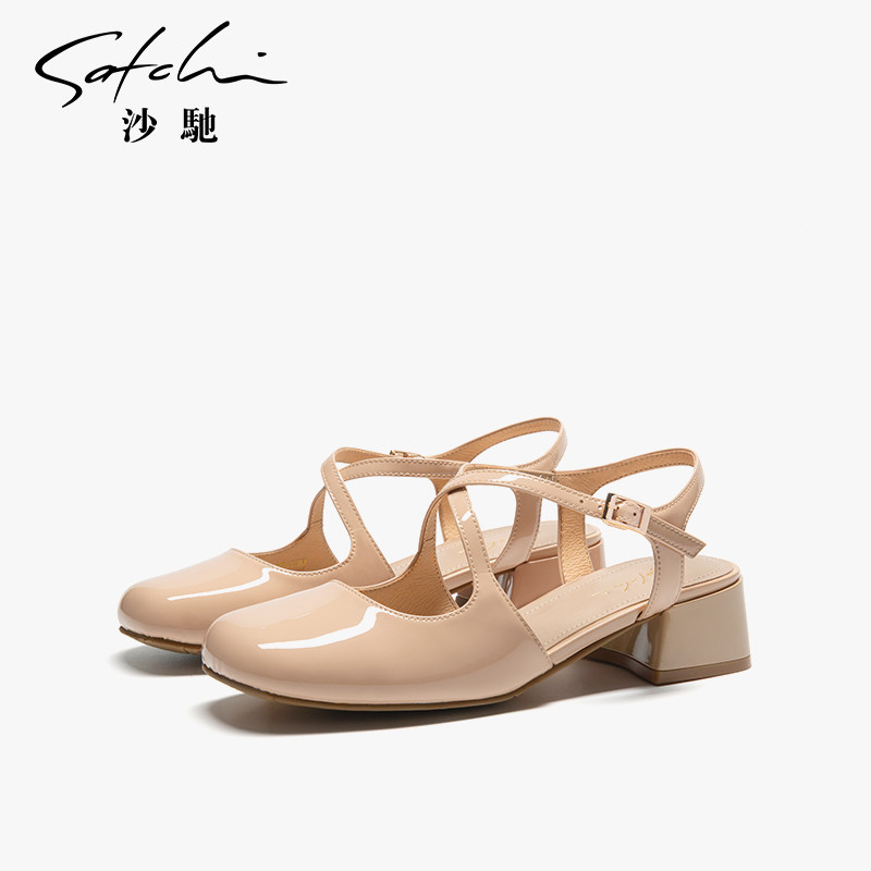 沙驰时尚包头凉鞋夏季新款通勤后空单鞋交叉绑带舒适罗马女鞋