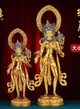 尼泊尔工艺绿度母站像手工錾刻铜鎏金绿度母菩萨站立像佛像铜摆件