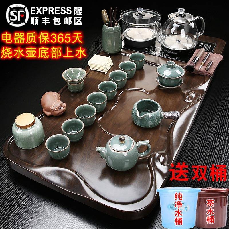 大茶台水壶加底部UTN动上水新款瓷M^厚实木茶盘烧茶具套自装家用