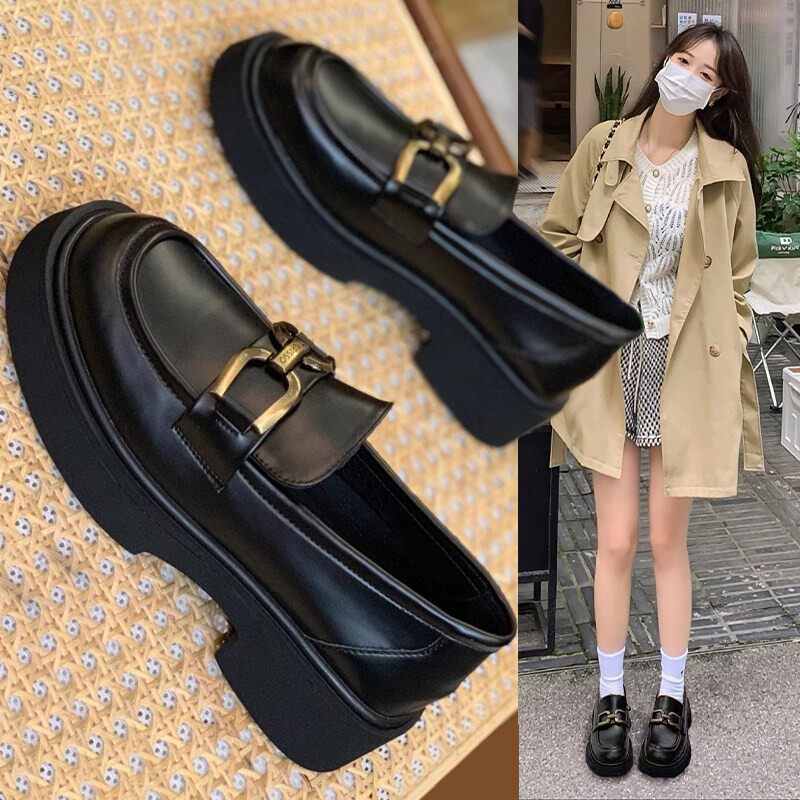 香港厚底学院jk小皮鞋女2025春季英伦风乐福鞋一脚蹬黑色复古单鞋
