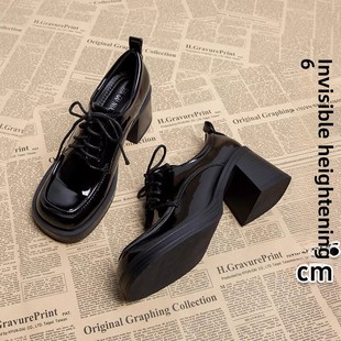 女式 百搭流行高跟乐福鞋 小皮鞋 新款 厚跟系带 2025春季 香港赫本风格