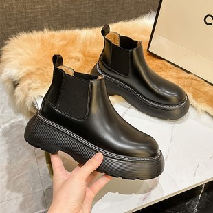 香港真皮厚底增高马丁靴女2025春秋季 切尔西短靴炸街单靴百搭 新款