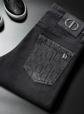 春夏款高级感黑灰色牛仔裤男弹力修身小直筒时尚欧货高端休闲潮牌