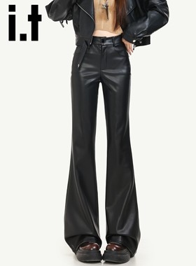 it:CHOCOOLATE黑色pu皮裤女2025新款冬季高腰加绒修身微喇叭裤子