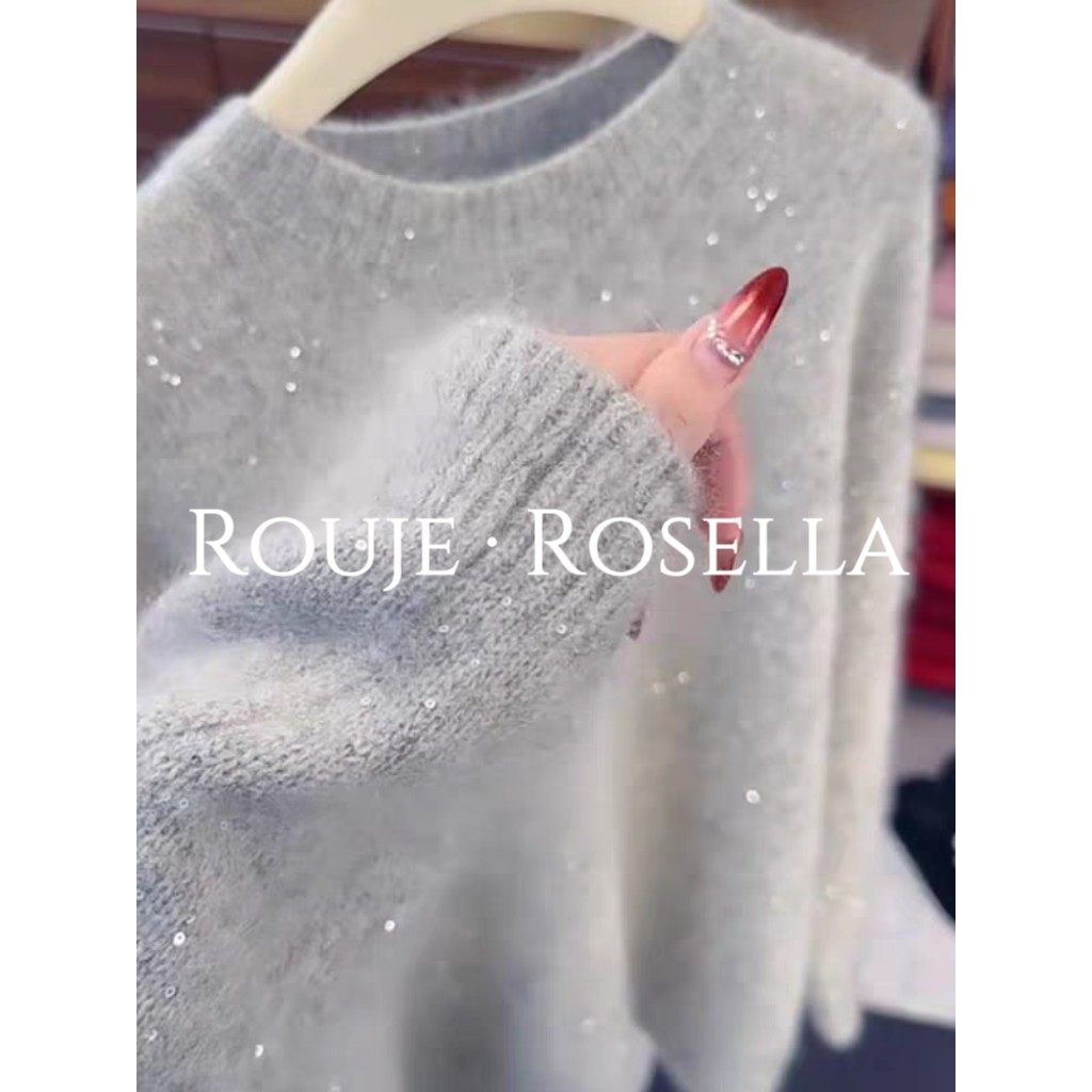 法国Rouje Rosella⭐温柔风高级灰色亮片打底衫上衣女气质感长袖,女装/女士精品,毛针织衫,淘宝优惠券,粉丝福利购,淘宝优惠卷