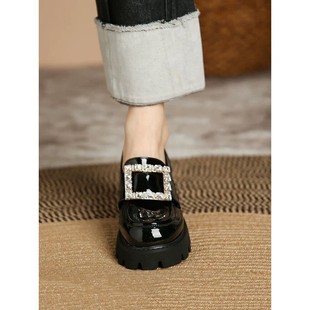 女式 增高英伦风格 真皮鞋 新款 乐福 2025春秋季 香港莱茵石方扣小皮鞋