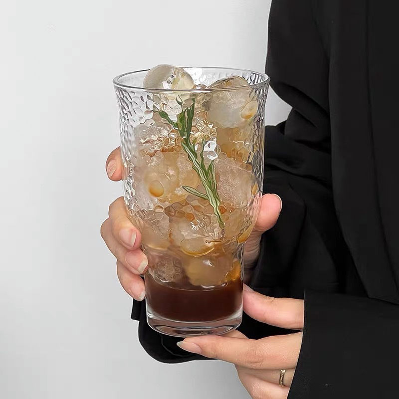 复古锤纹玻璃杯高颜值ins家用细腰条纹水杯果汁咖啡杯啤酒杯