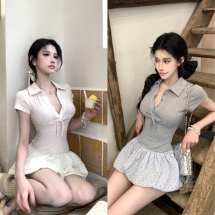 连衣裙a字摆蓬蓬俏皮短裙女3479 春夏甜美芭蕾风针织拼接波点短袖
