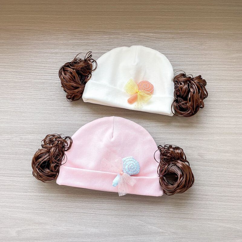 女宝宝帽子春秋纯棉婴儿胎帽可爱超萌小月龄帽子俏皮假头发帽新款