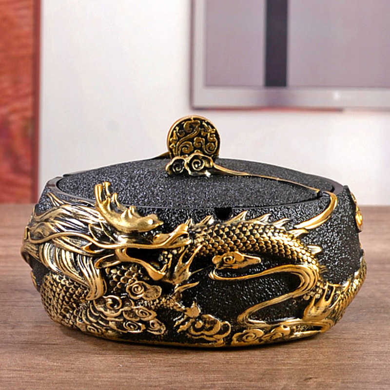 创意烟灰缸带盖大龙年家用客厅时尚个性潮流办公室新中式复古摆件