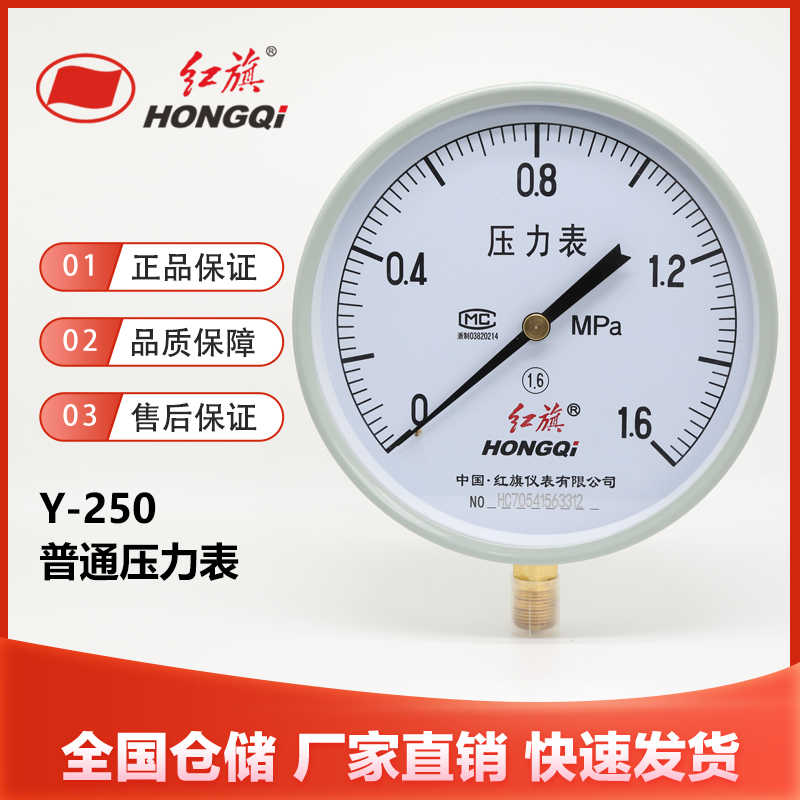 红旗仪表Y-250径向普通压力表1.6级大表盘水压气压油压液压真空表