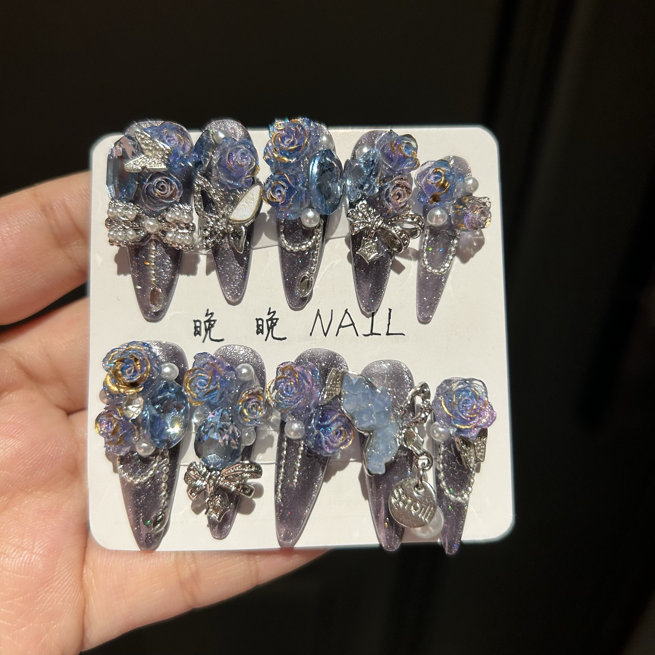 蓝月玫瑰原创美甲辣妹重工手工穿戴蓝色纯手工高级小众款奢华猫眼