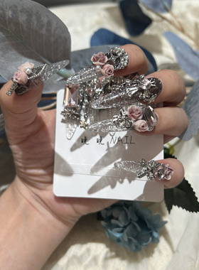 黑粉碎冰冰 手工穿戴甲高级感玫瑰花钻美甲贴片成品可拆卸琉璃甲