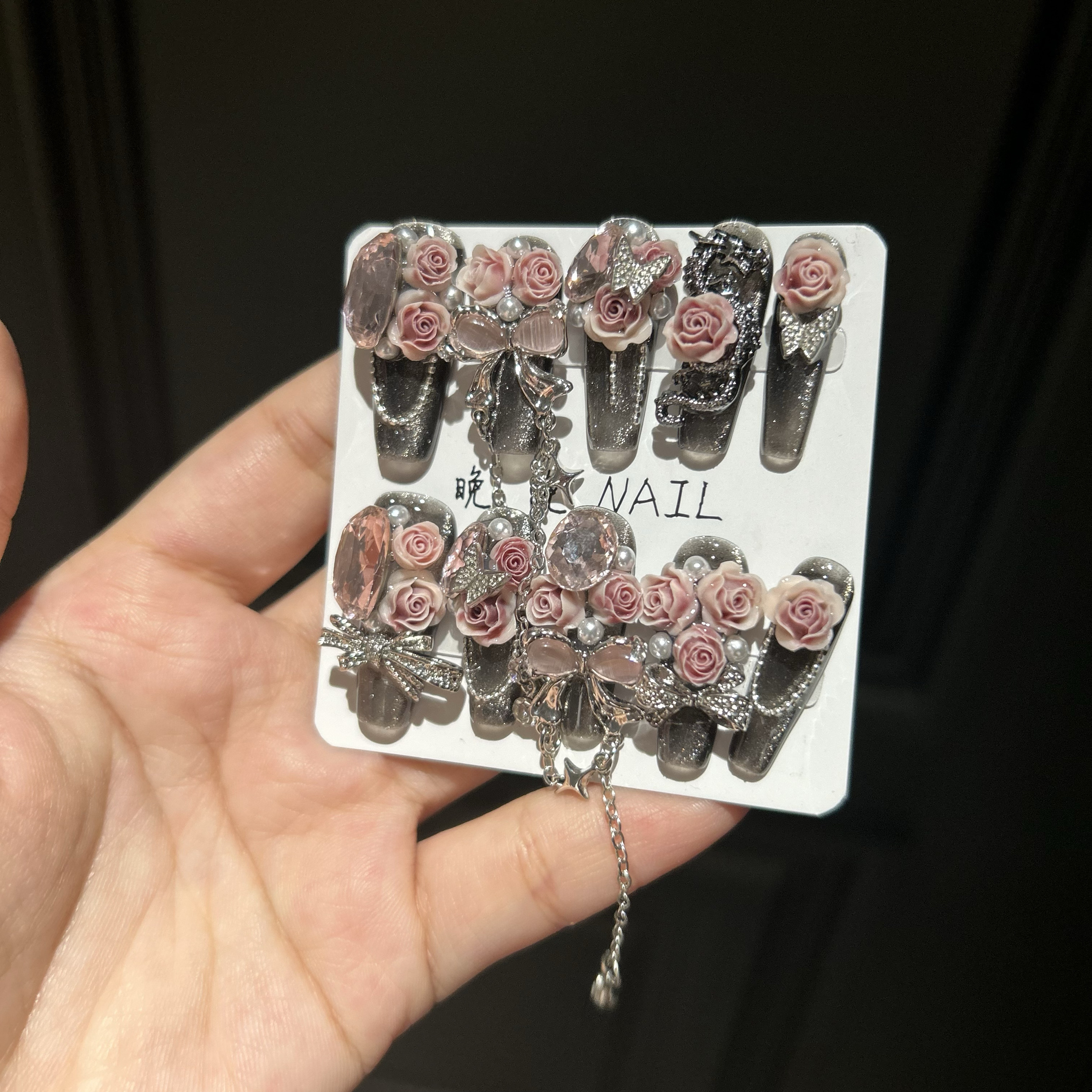 辣妹黑粉重工款长T梯形纯手工穿戴甲美甲贴片夏日上新可拆卸链条