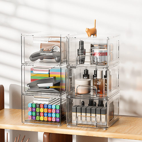 新款透明PET抽拉化妆品收纳盒可堆叠口红储物盒办公室文具整理盒