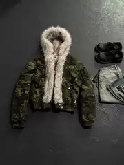 Graydreams Winter American Retro Camouflage Fur Collar Thickened Cotton Short Jacket
