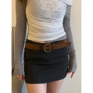 复古棕色磨砂绒面皮带配饰女小众个性百搭皮革腰带配裙子牛仔裤带