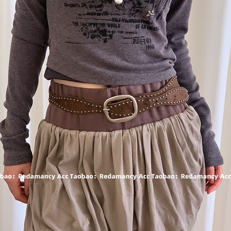 复古朋克风铆钉皮带美拉德棕色磨砂绒面时尚潮流百搭皮革腰带配饰