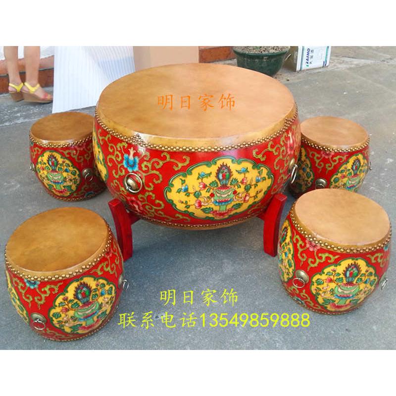 纯手工彩绘仿旧实木牛皮鼓茶几泡茶桌泡茶凳 堂鼓大鼓鼓桌鼓凳新