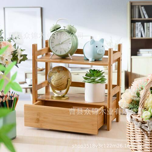 跨境实木置物架双层我是书台摆件架带抽屉多用梳妆台收纳架
