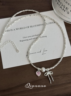 蝴蝶结爱心碎银天然淡水珍珠项链