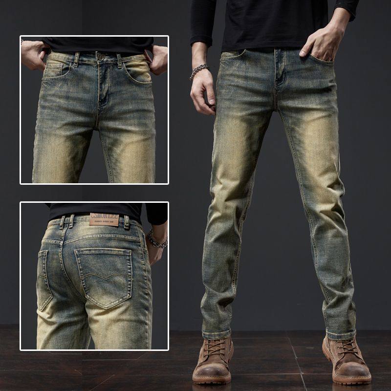 古铜色牛仔裤男高端复古怀旧修身直筒时尚百搭男装长裤子秋冬厚款,男装,牛仔裤,淘宝优惠券,粉丝福利购,淘宝优惠卷