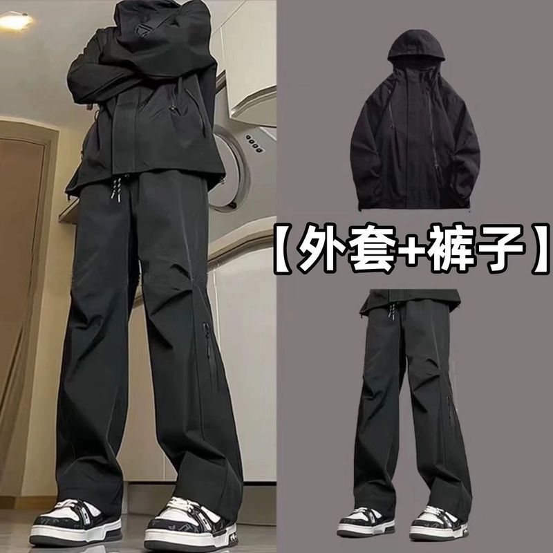 春秋新款美式机能冲锋衣外套男女款防风防水情侣夹克痞帅休闲套装