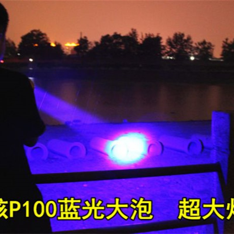 12V蓝光超疝气钓鱼灯9V-48V夜钓黄光头灯P100强光夹电瓶外接灯头