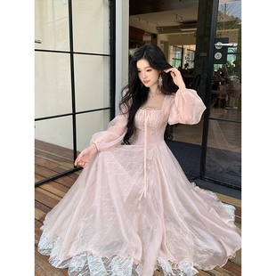 法式 温柔甜美收腰显瘦长裙 千金风绝美蕾丝网纱长袖 连衣裙女夏新款