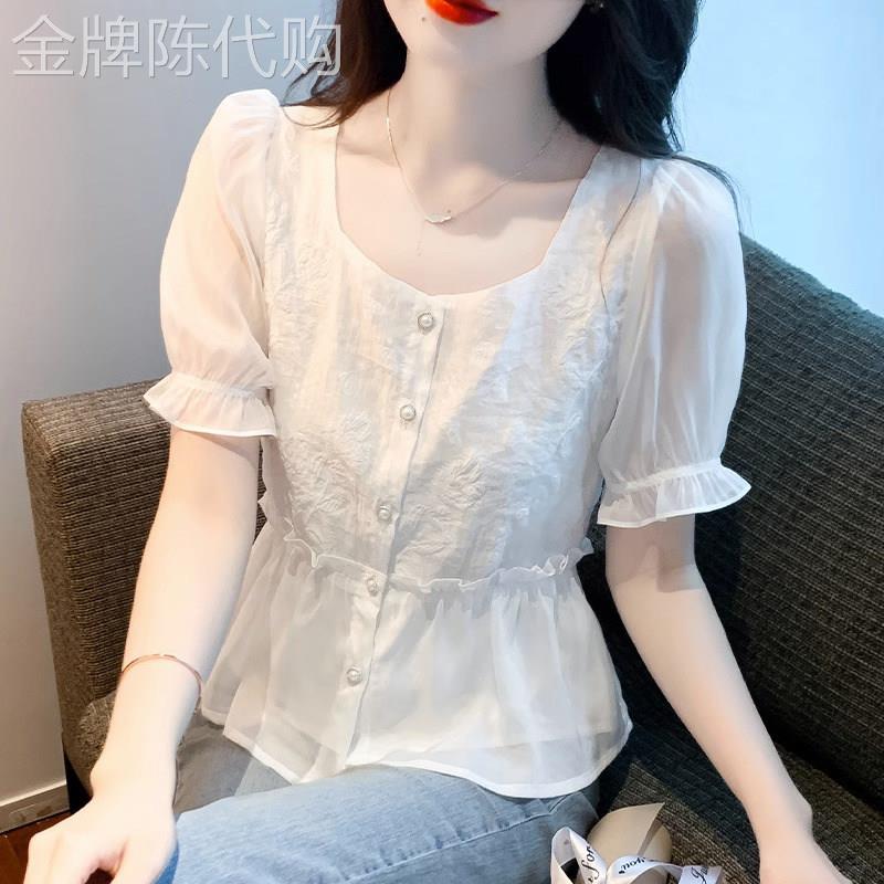 潮牌短袖雪纺衬衫女夏季新款时尚洋气减龄小衫收腰遮肚子蕾丝上衣
