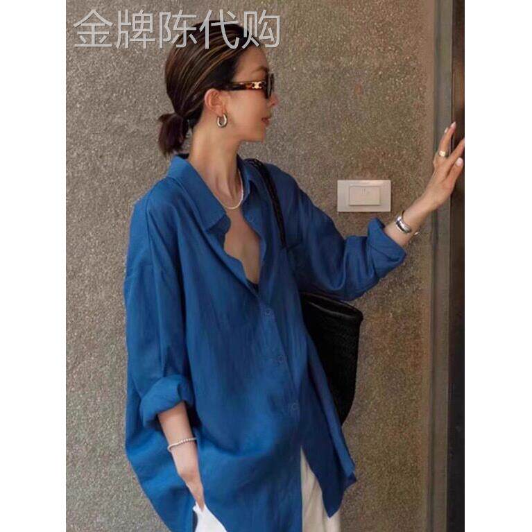 冰丝蓝色防晒衬衫女2025夏季穿搭中长款薄款宽松百搭长袖衬衣上衣