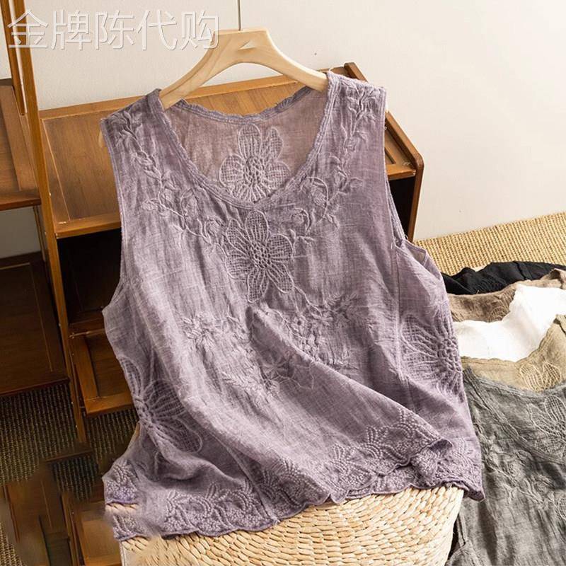 蕾丝花边吊带背心女2025夏季新款刺绣薄款宽松棉麻无袖内搭上衣
