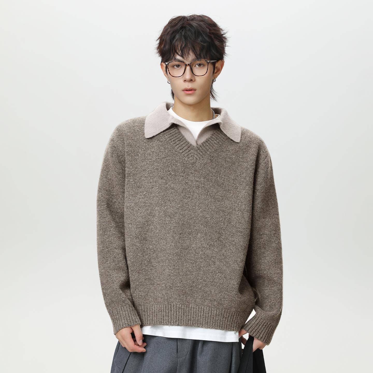 it neith BIAS潮牌复古假两件翻领毛衣男松弛感V领内搭羊毛针织衫