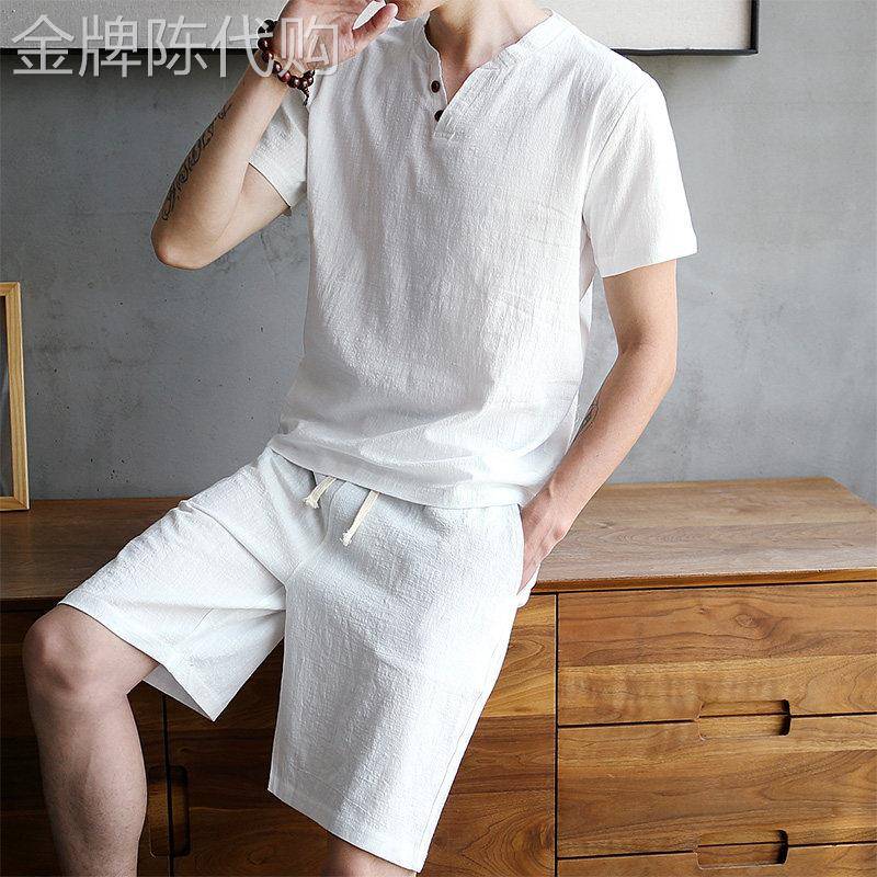 亚麻短袖T恤男夏季薄款百搭宽松冰丝感半袖T恤男士棉麻休闲上衣